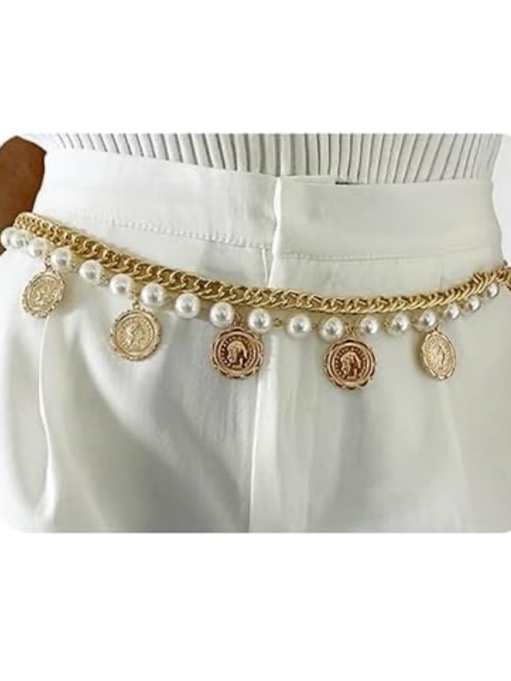 Gold Coin & Pearl Chain Waist Belt | Vintage Luxe Body Chain | Adjustable Boho - Picture 5 of 5